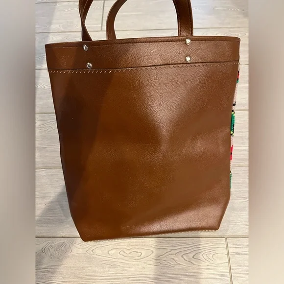 Colorful Geometric Cross-stitch Aztec Patterned Tote Bag with Brown Accents - Picture 6 of 14